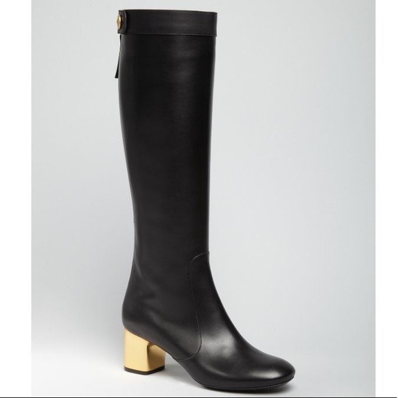 Celine Shoes - CELINE SAVANNAH BLACK LEATHER GOLD HEEL TALL BOOTS